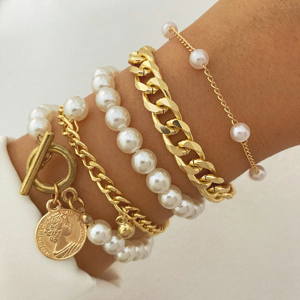 Women's Metal Heart Pattern Stacked Exaggerated Thread Chain Alloy Bracelet Fourpiece Set With Electroplating