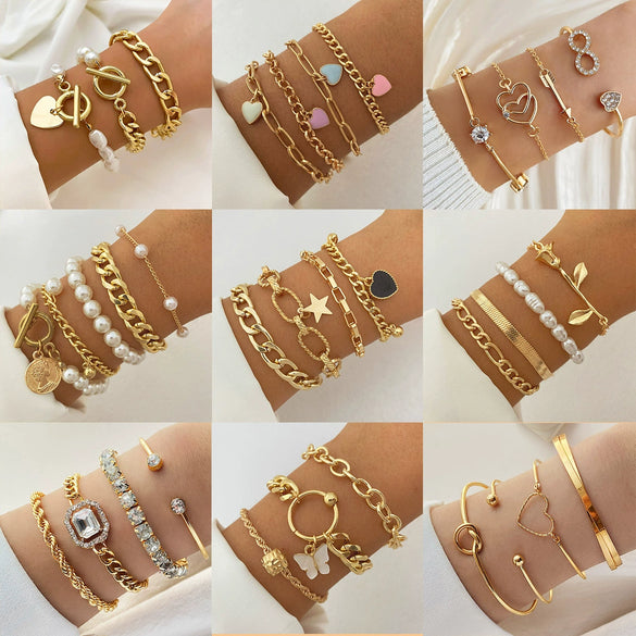 Women's Metal Heart Pattern Stacked Exaggerated Thread Chain Alloy Bracelet Fourpiece Set With Electroplating