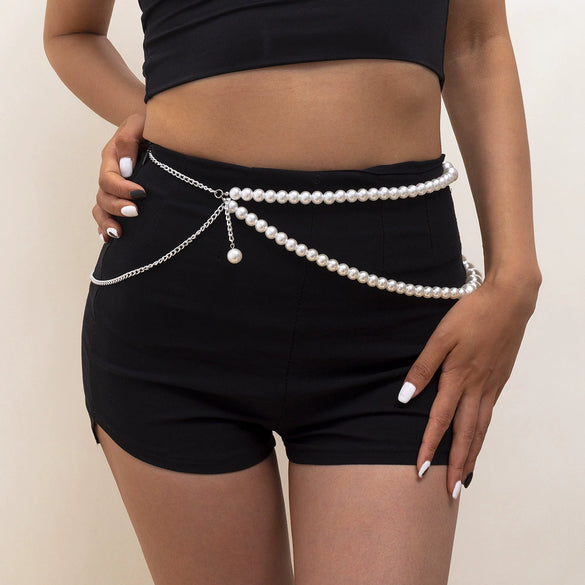 Women's Metal Imitation Pearl Double Waist Chain Bikini Body Chain
