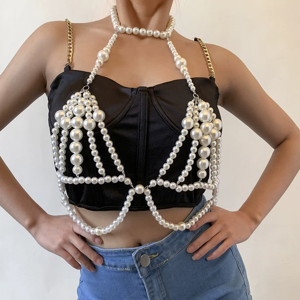 Women's Metal Imitation Pearl Double Waist Chain Bikini Body Chain