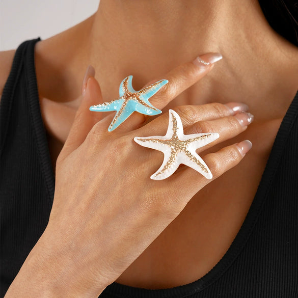 Women's Metal Jewelry Seaside Holiday Style Oil Drop Pleated Starfish Ring With Animal Pattern Electroplated