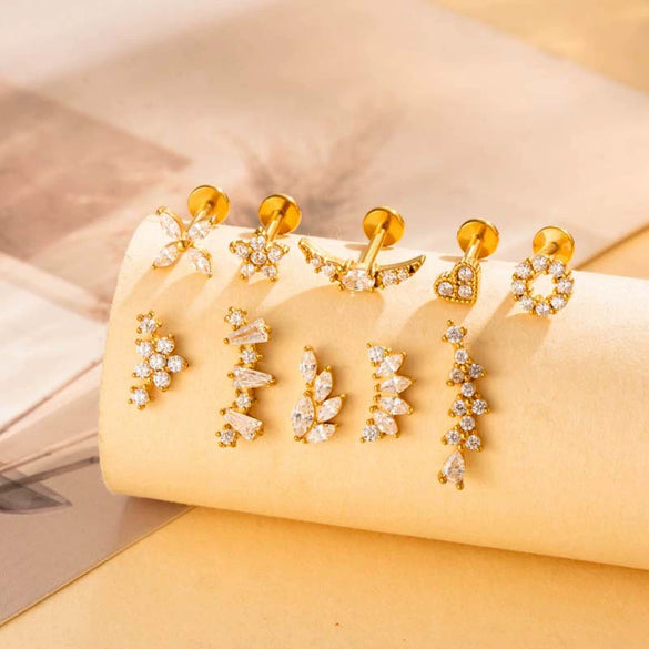 Women's Metal Love Flower Ear Bone Nail Puncture Jewelry Stainless Steel Copper Zircon Electroplating