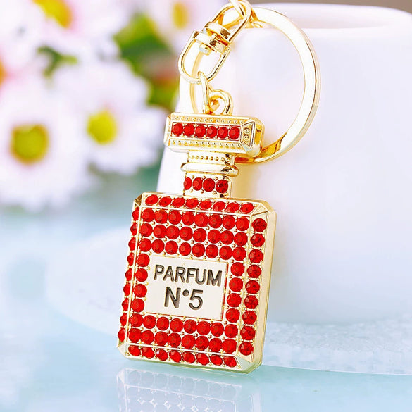 Women's Metal Perfume Bottle Car Key Chain With Diamond Encrusted Bag Pendant Key Chain Ring For Wholesale