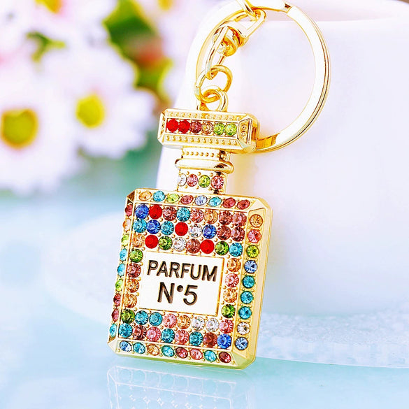 Women's Metal Perfume Bottle Car Key Chain With Diamond Encrusted Bag Pendant Key Chain Ring For Wholesale