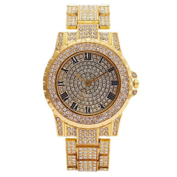 Women's Metal Quartz Watch With Roman Pattern And Rhinestones