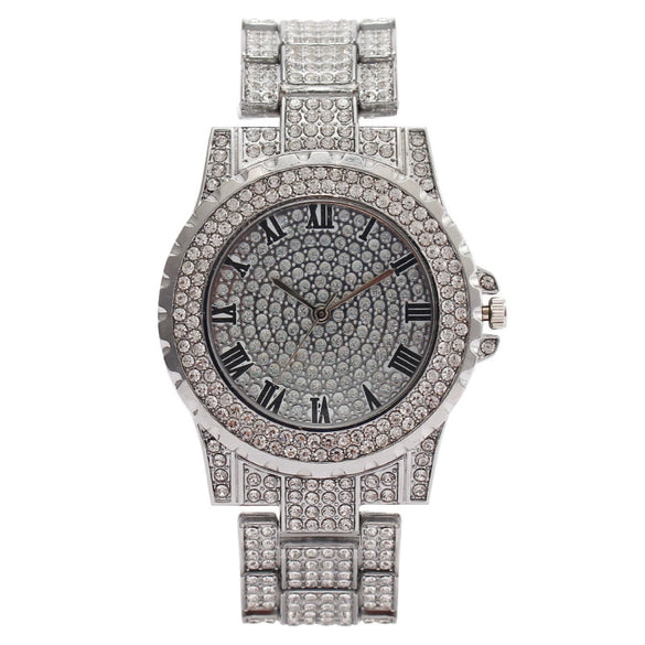 Women's Metal Quartz Watch With Roman Pattern And Rhinestones