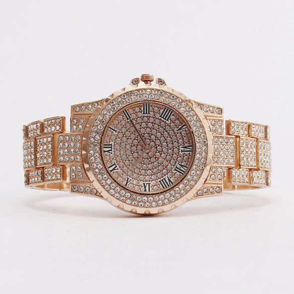 Women's Metal Quartz Watch With Roman Pattern And Rhinestones
