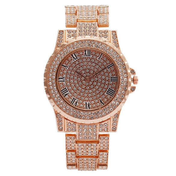 Women's Metal Quartz Watch With Roman Pattern And Rhinestones