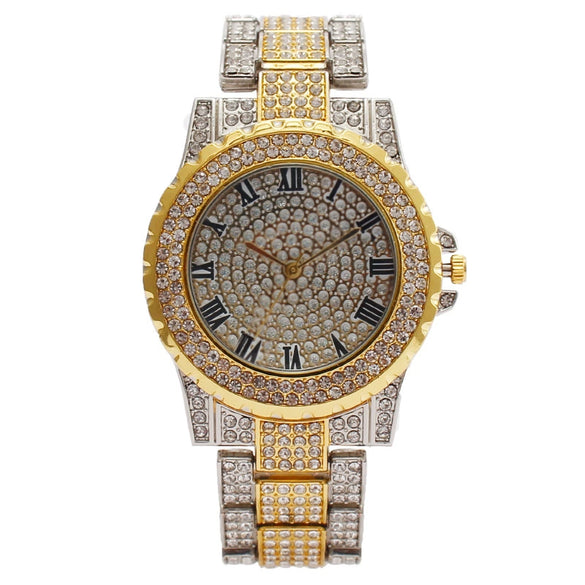 Women's Metal Quartz Watch With Roman Pattern And Rhinestones