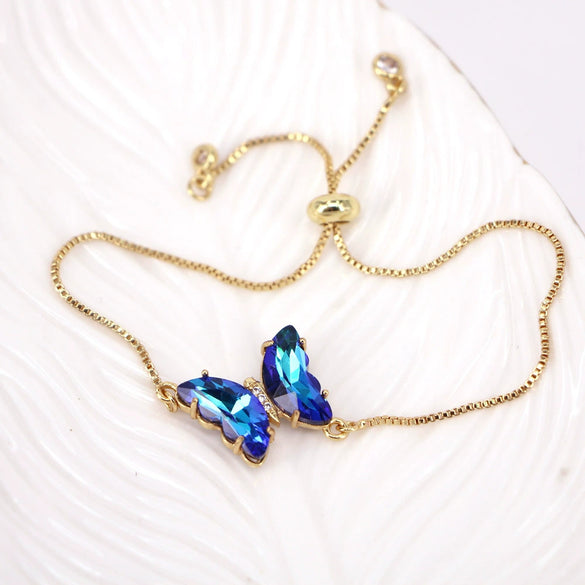 Women's Metal Rhinestone Butterfly Pendant Chain Bracelet With Geometric Design And Diamond Treatment