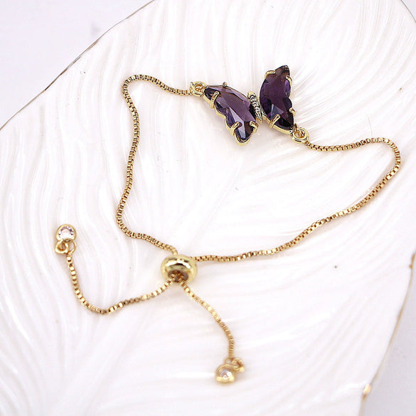 Women's Metal Rhinestone Butterfly Pendant Chain Bracelet With Geometric Design And Diamond Treatment