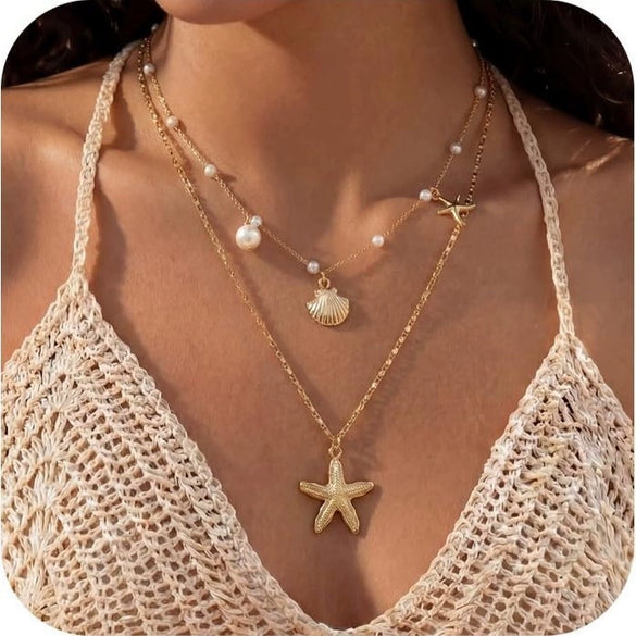 Women's Metal Shell And Starfish Choker Necklace With Electroplated Star Shape Pendant Minimalist Light Luxury Jewelry