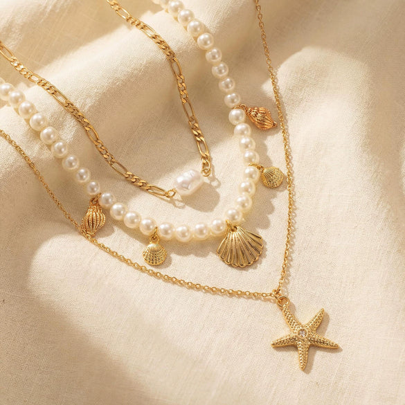 Women's Metal Shell And Starfish Choker Necklace With Electroplated Star Shape Pendant Minimalist Light Luxury Jewelry