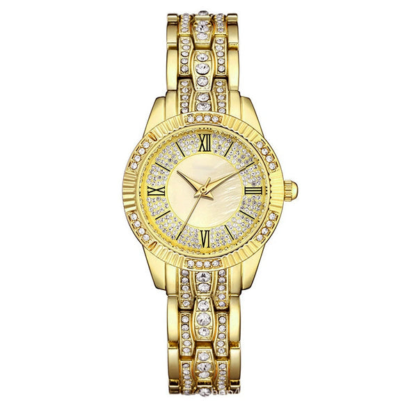 Women's Metal Shellfaced Diamondencrusted Quartz Watch With Printed Logo Leisure Style Round Dial