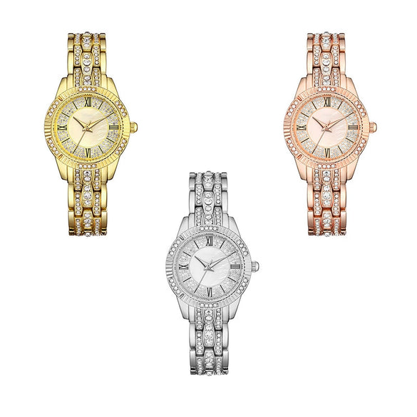 Women's Metal Shellfaced Diamondencrusted Quartz Watch With Printed Logo Leisure Style Round Dial