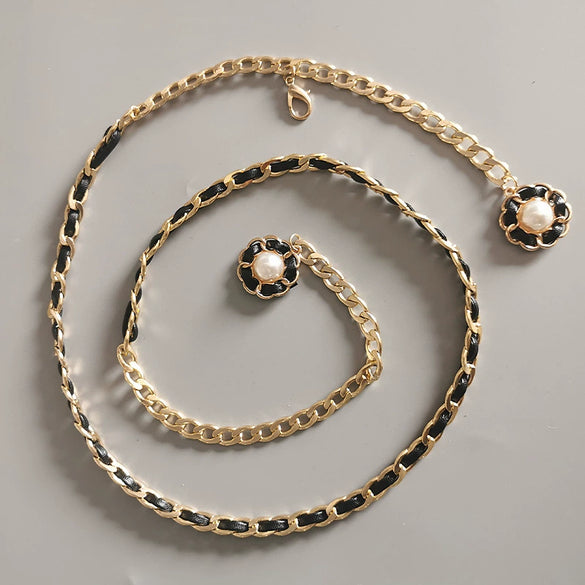 Women's Metal Waist Chain With Camellia Design Woven Style