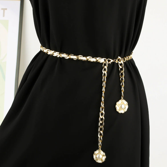 Women's Metal Waist Chain With Camellia Design Woven Style