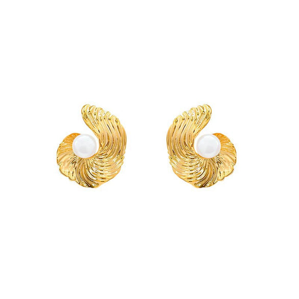 Women's Metallic Texture Pearl Stud Earrings Geometric Shape Electroplated Metal Jewelry