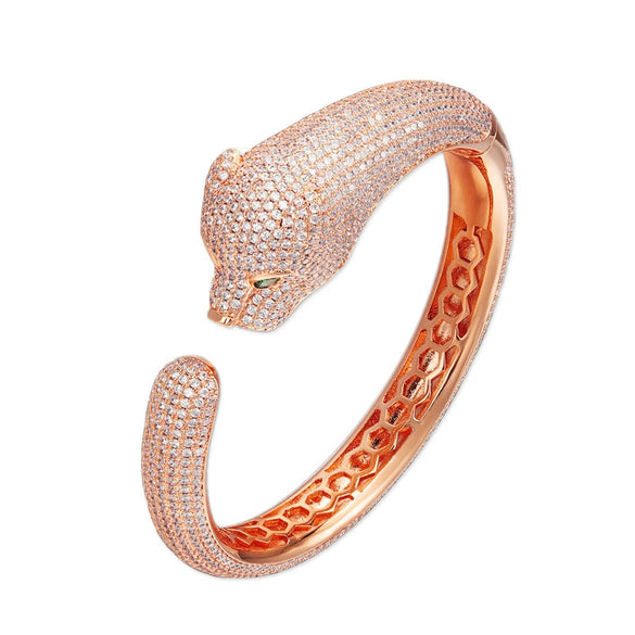 Women's Micropaved Zircon Leopard Head Bracelet In Environmentally Friendly Copper With Animal Style And Platinum Tone Finish