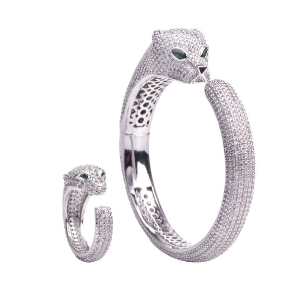 Women's Micropaved Zircon Leopard Head Bracelet In Environmentally Friendly Copper With Animal Style And Platinum Tone Finish