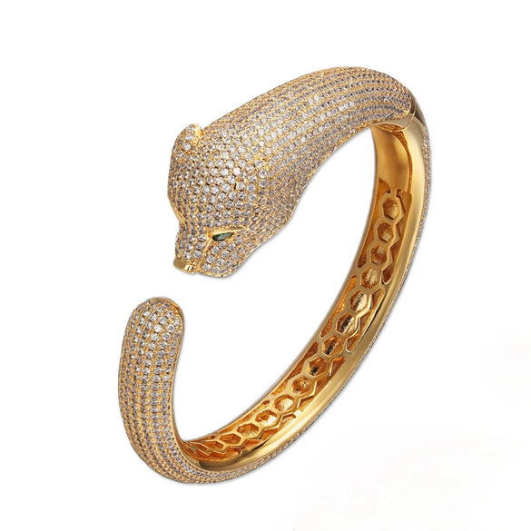 Women's Micropaved Zircon Leopard Head Bracelet In Environmentally Friendly Copper With Animal Style And Platinum Tone Finish