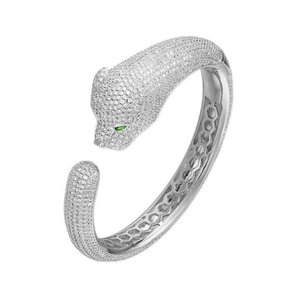 Women's Micropaved Zircon Leopard Head Bracelet In Environmentally Friendly Copper With Animal Style And Platinum Tone Finish