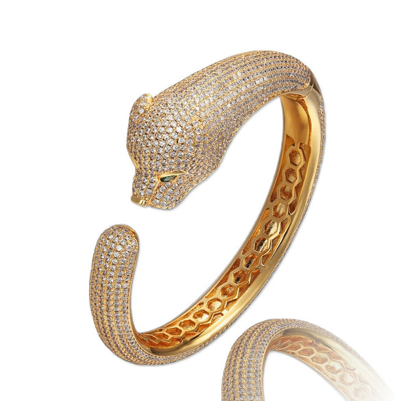 Women's Micropaved Zircon Leopard Head Bracelet In Environmentally Friendly Copper With Animal Style And Platinum Tone Finish