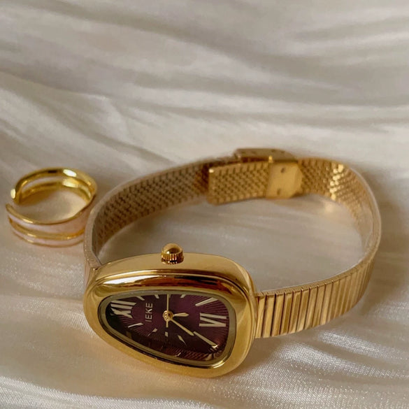 Women's Midcentury Style Alloy Case Quartz Watch With Golden Monkey Strap