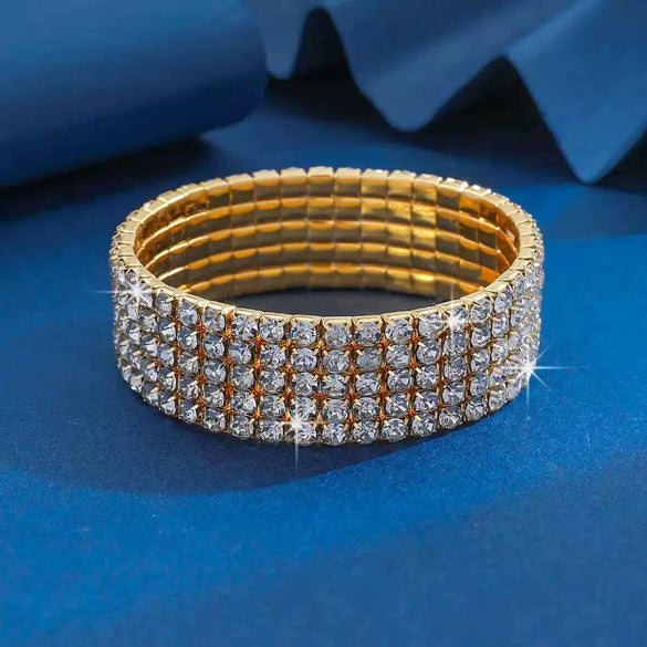 Women's Minimalist Alloy Rhinestone Inlay Elastic Bracelet Luxury Full Diamond Style Bridal Fashion Bracelet