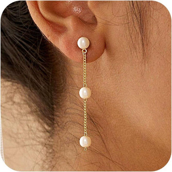 Women's Minimalist Bow Tassel Earrings With Imitation Pearls Geometric Design Stainless Steel Posts Electroplated High End Fashion Jewelry