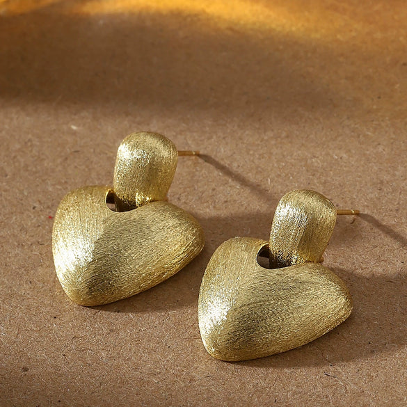 Women's Minimalist Brushed Metal Heartshaped Earrings With Copper Ear Posts And Handfinished Detail