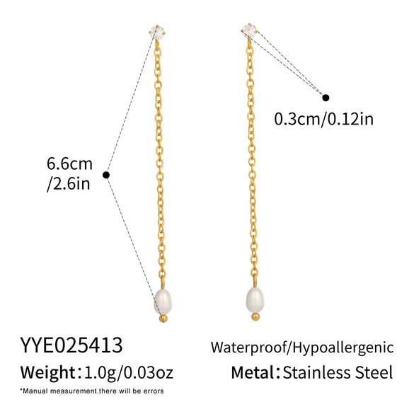Women's Minimalist Casual Geometric Stainless Steel Freshwater Pearl Earrings With Chain Tassels Pvd Furnace Vacuum Real Gold Plated