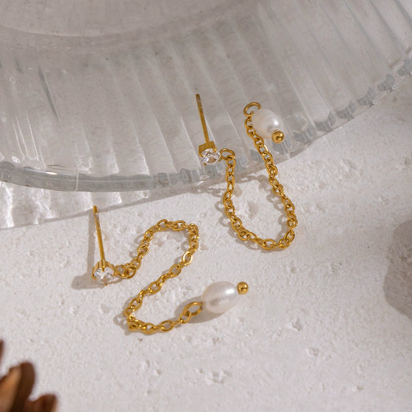 Women's Minimalist Casual Geometric Stainless Steel Freshwater Pearl Earrings With Chain Tassels Pvd Furnace Vacuum Real Gold Plated