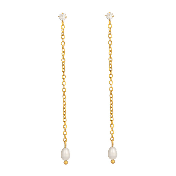 Women's Minimalist Casual Geometric Stainless Steel Freshwater Pearl Earrings With Chain Tassels Pvd Furnace Vacuum Real Gold Plated