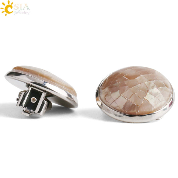 Women's Minimalist Clip On Earrings With Natural Abalone Shell Round Shape Distinctive Shell Ear Clips