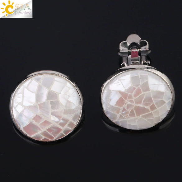 Women's Minimalist Clip On Earrings With Natural Abalone Shell Round Shape Distinctive Shell Ear Clips