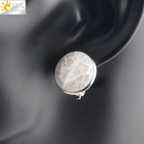 Women's Minimalist Clip On Earrings With Natural Abalone Shell Round Shape Distinctive Shell Ear Clips