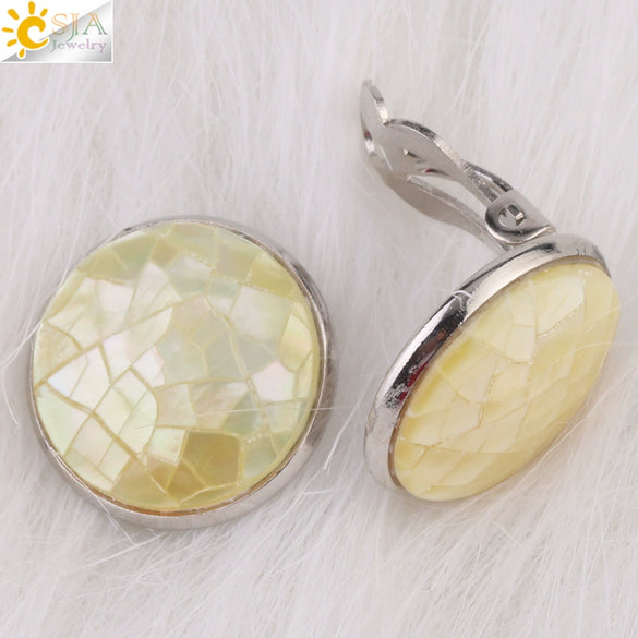Women's Minimalist Clip On Earrings With Natural Abalone Shell Round Shape Distinctive Shell Ear Clips