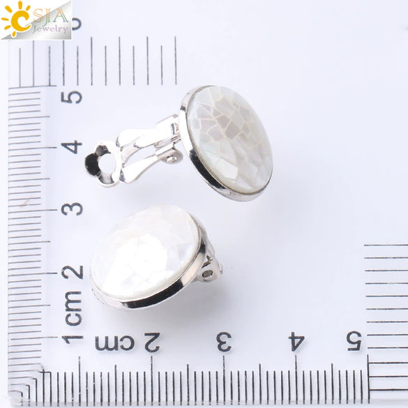 Women's Minimalist Clip On Earrings With Natural Abalone Shell Round Shape Distinctive Shell Ear Clips