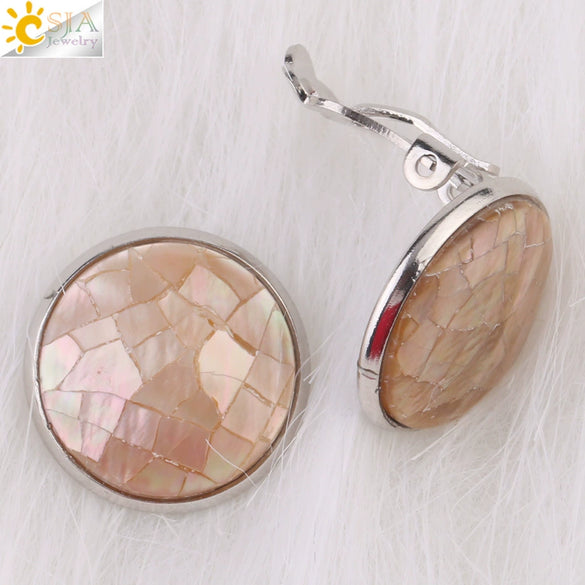 Women's Minimalist Clip On Earrings With Natural Abalone Shell Round Shape Distinctive Shell Ear Clips