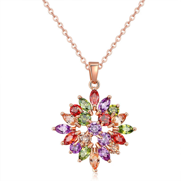 Women's Minimalist Copper Flower Pendant Necklace With Zircon Inlay And Water Wave Chain Fashion Jewelry