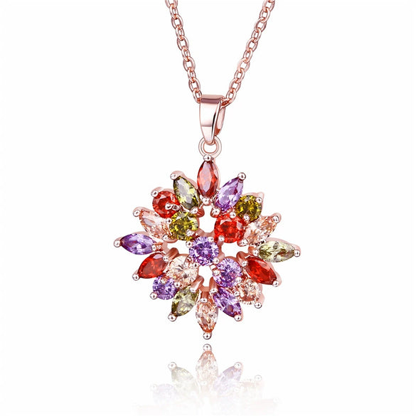 Women's Minimalist Copper Flower Pendant Necklace With Zircon Inlay And Water Wave Chain Fashion Jewelry