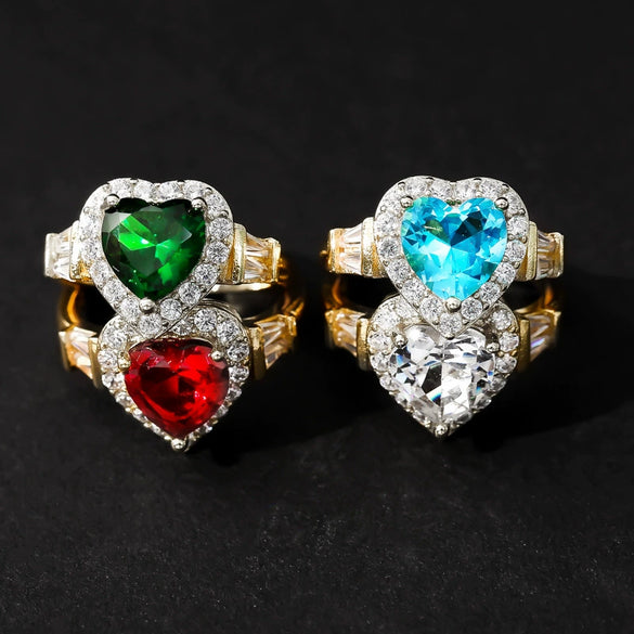 Women's Minimalist Copper Heart Shaped Gemstone Ring With Electroplated Full Diamond Style Fashion Love Jewelry