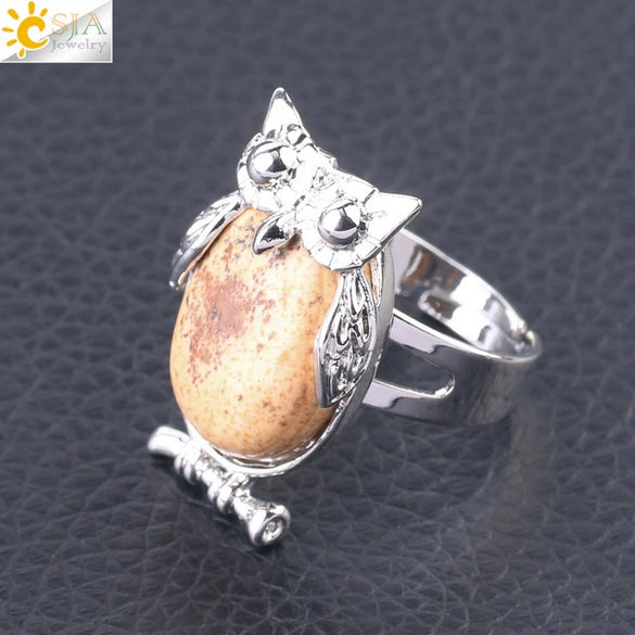 Women's Minimalist Cute Owl Animal Ring With Natural Stone Inlay Adjustable Copper Round Convex Design
