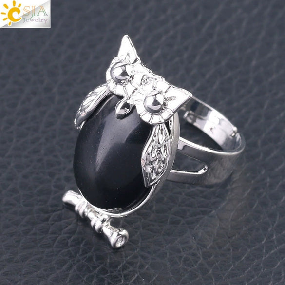 Women's Minimalist Cute Owl Animal Ring With Natural Stone Inlay Adjustable Copper Round Convex Design