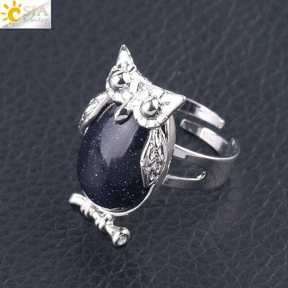 Women's Minimalist Cute Owl Animal Ring With Natural Stone Inlay Adjustable Copper Round Convex Design