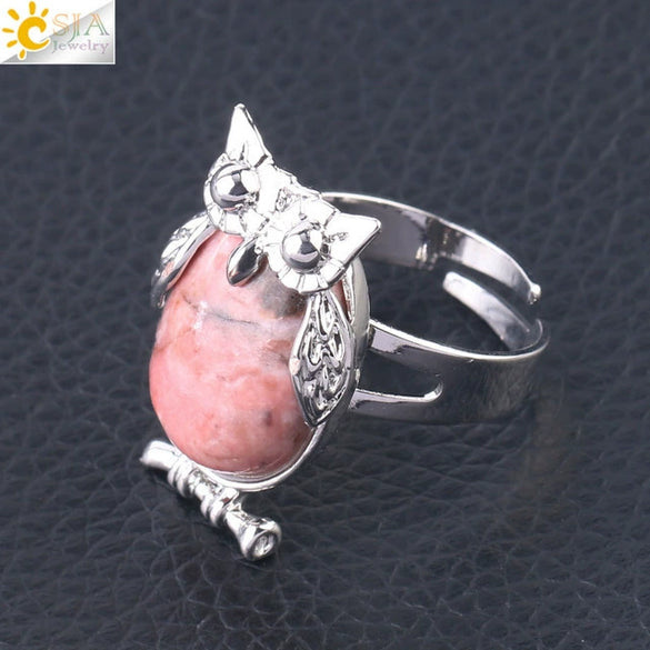 Women's Minimalist Cute Owl Animal Ring With Natural Stone Inlay Adjustable Copper Round Convex Design