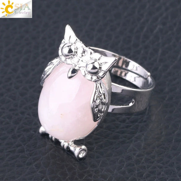 Women's Minimalist Cute Owl Animal Ring With Natural Stone Inlay Adjustable Copper Round Convex Design