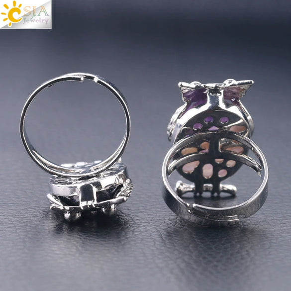Women's Minimalist Cute Owl Animal Ring With Natural Stone Inlay Adjustable Copper Round Convex Design