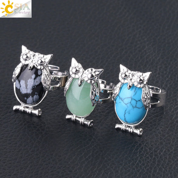 Women's Minimalist Cute Owl Animal Ring With Natural Stone Inlay Adjustable Copper Round Convex Design